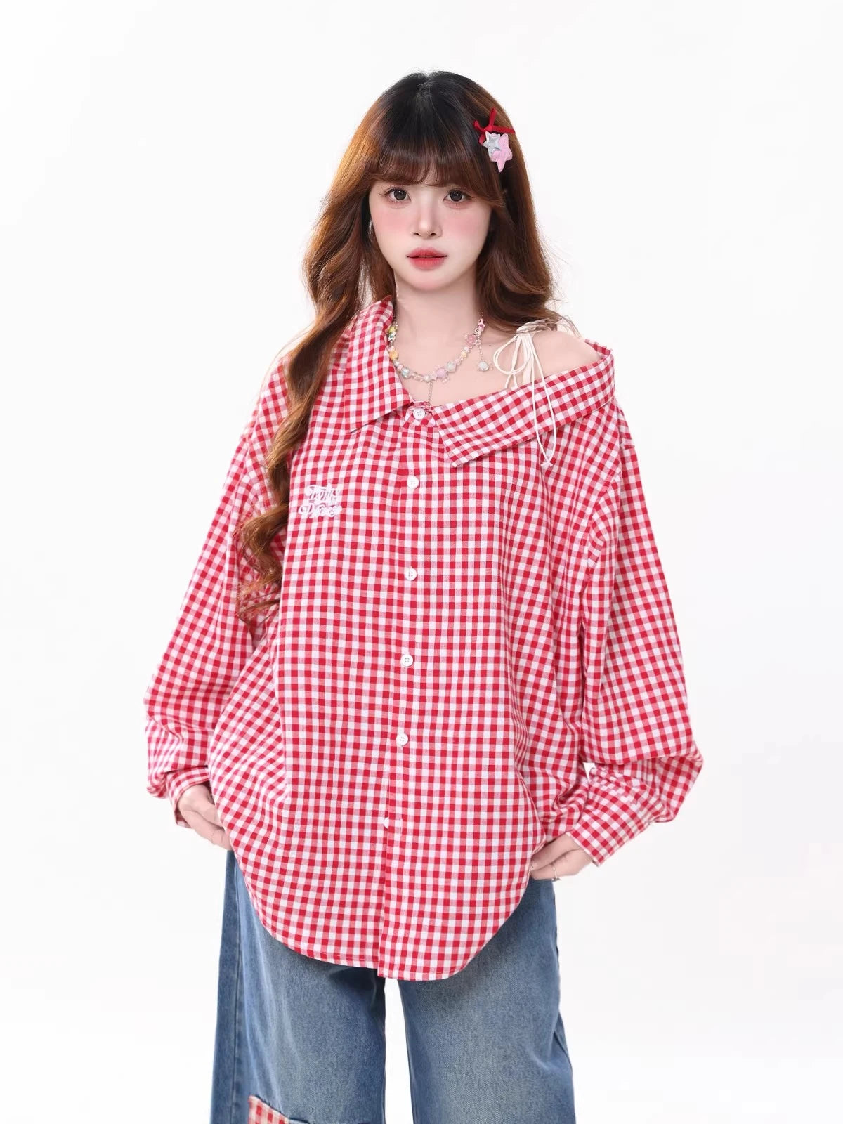 Red Plaid Off Shoulder Shirt oliviroa オリヴィオラ