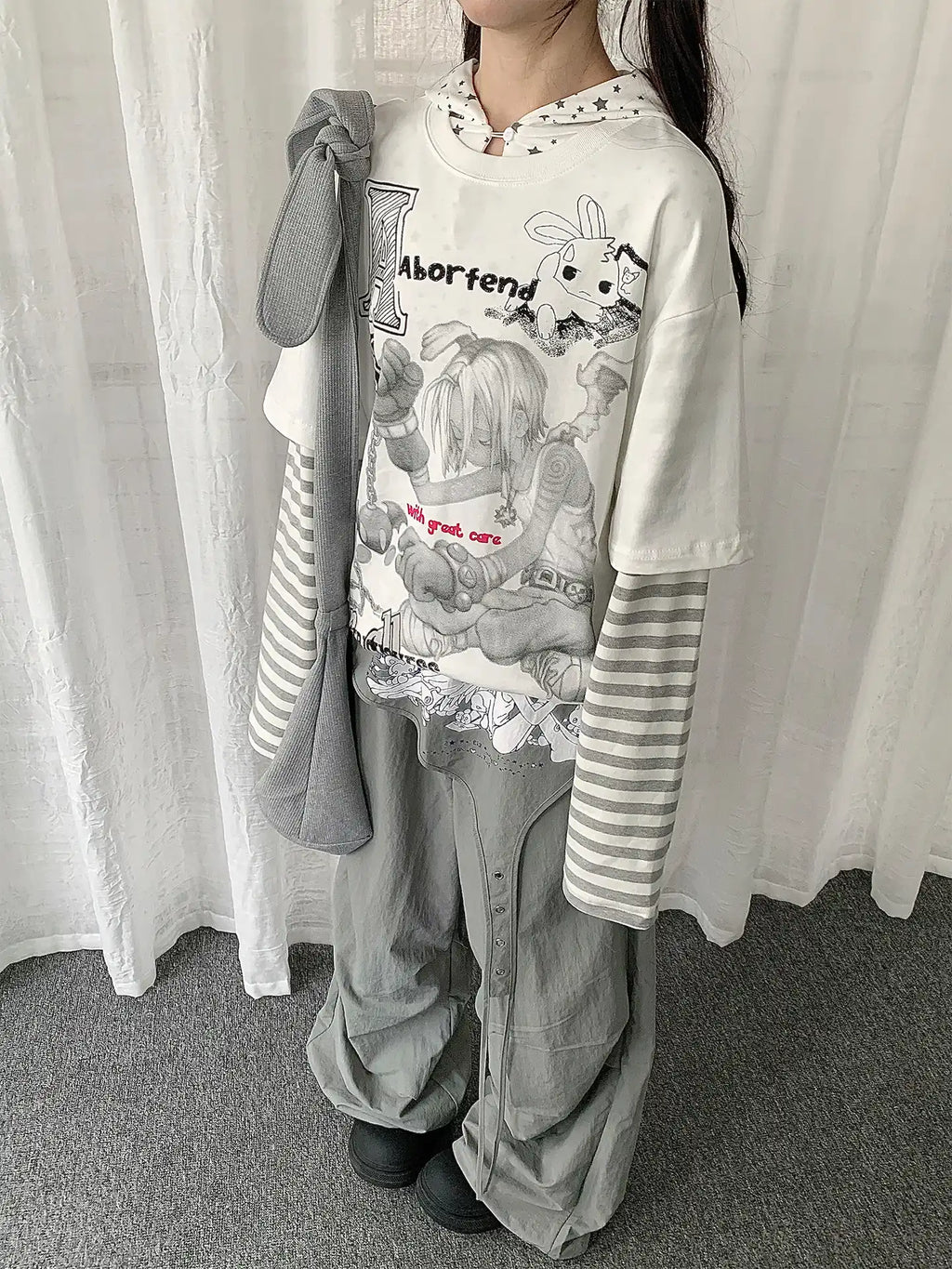 Y2K Cartoon Stripe Layered Long Sleeve T-Shirt oliviroa オリヴィオラ
