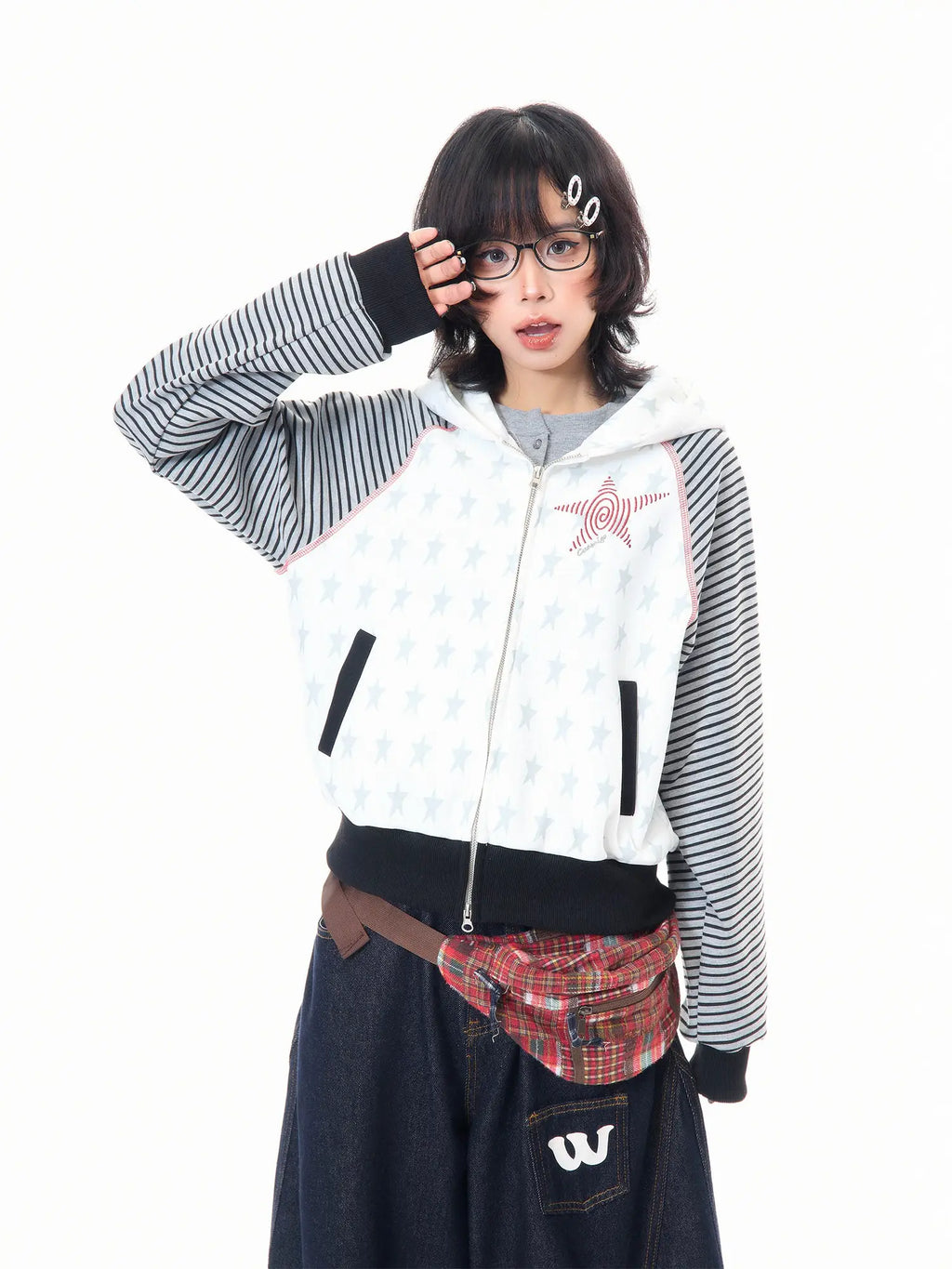 Star Embroidered Stripe Cropped Hoodie OL2384