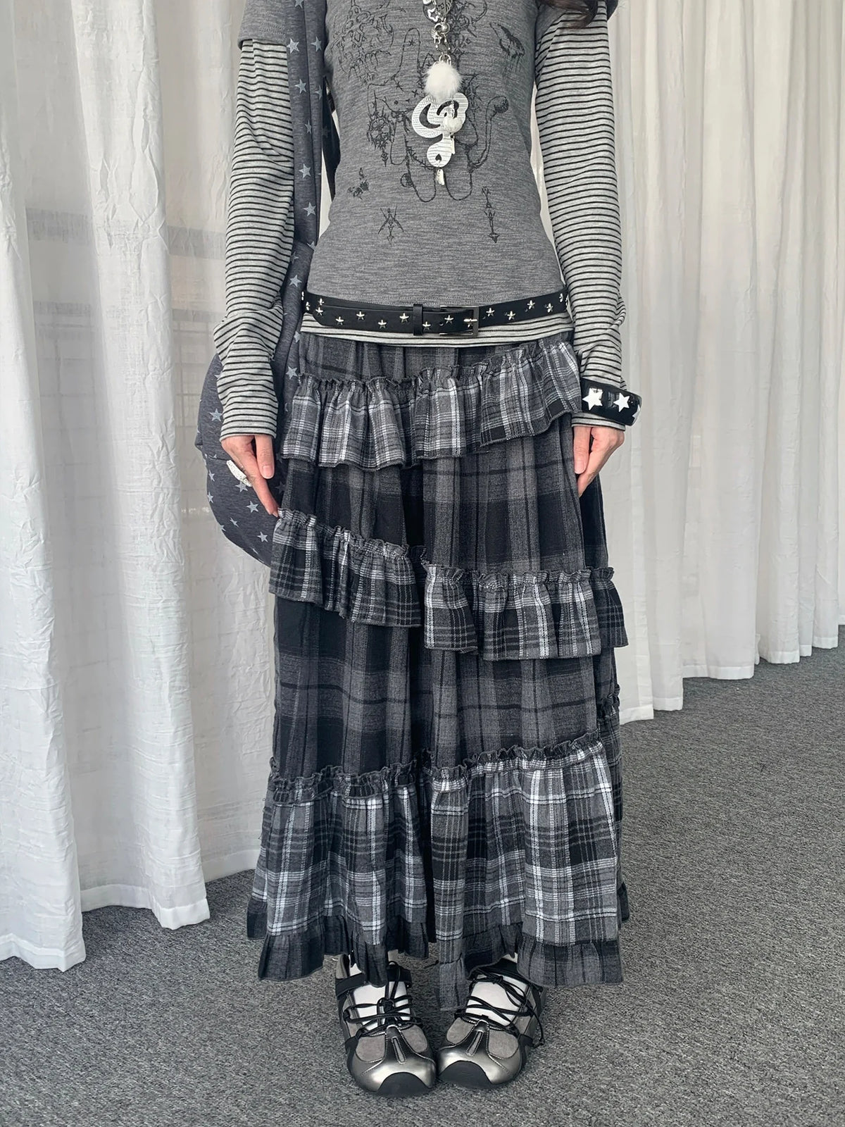 Asymmetrical Plaid Ruffle Skirt OL2437