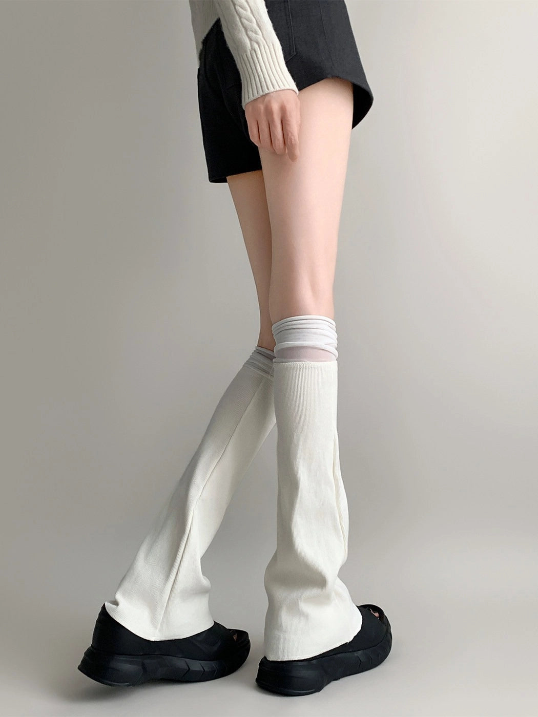 White Mesh Panel Flared Leg Warmers OLA062