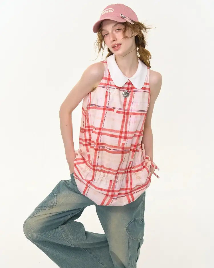 Red Plaid Doll Collar Sleeveless Dress OL2257