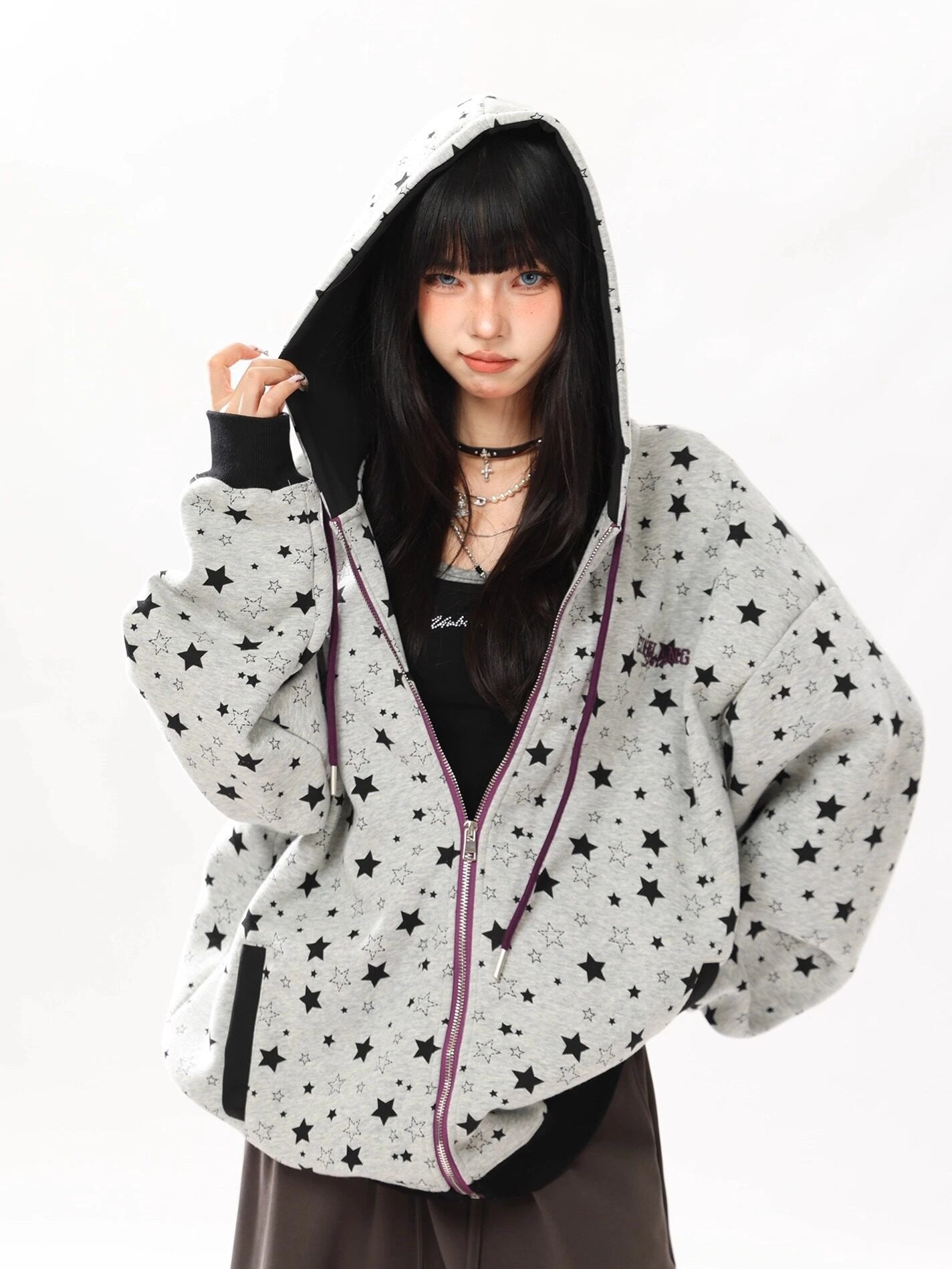 Y2K Star Print Hoodie Zip Cardigan Jacket oliviroa オリヴィオラ