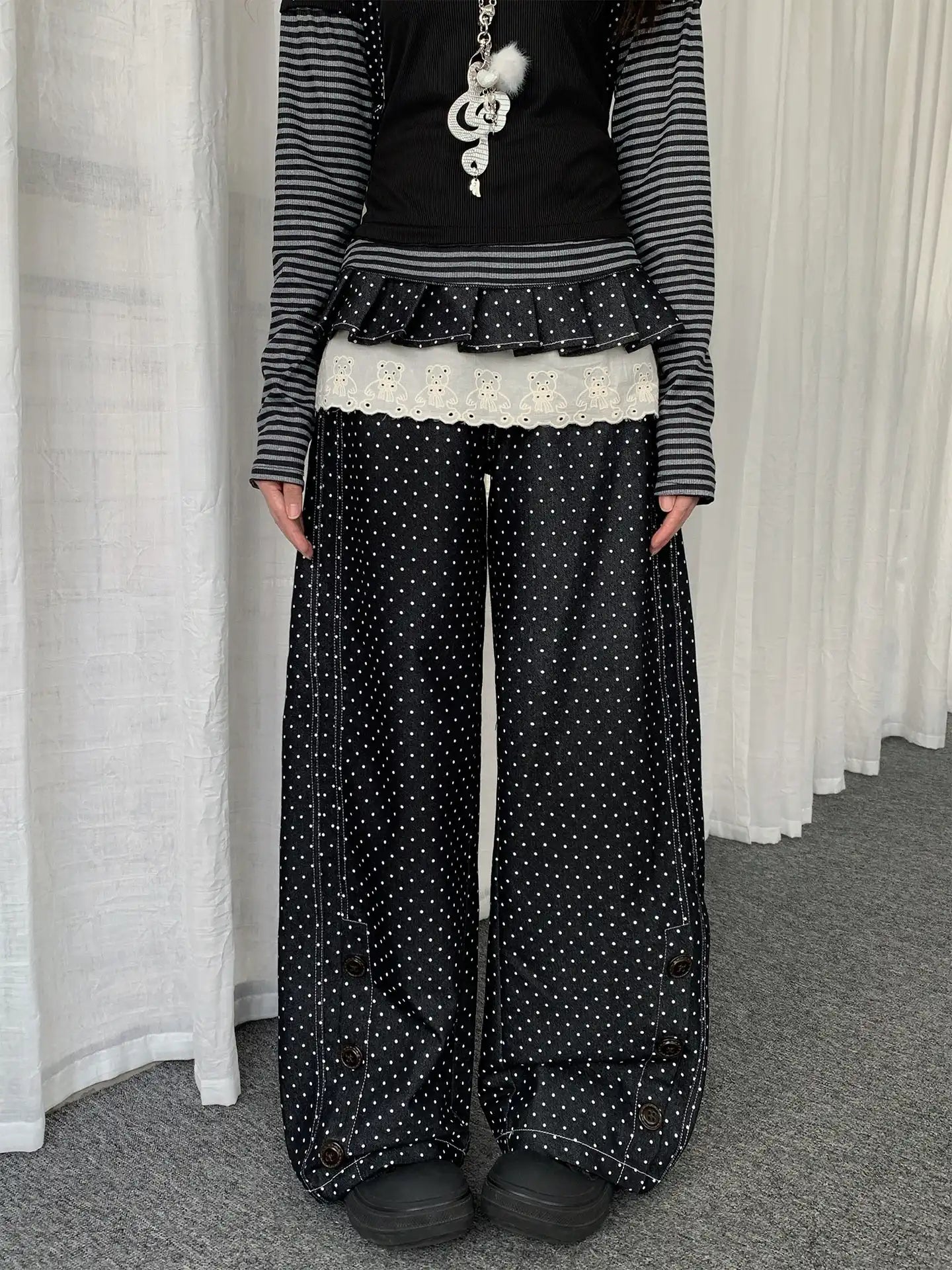 Polka Dot Detachable Skirt Denim Pants oliviroa オリヴィオラ