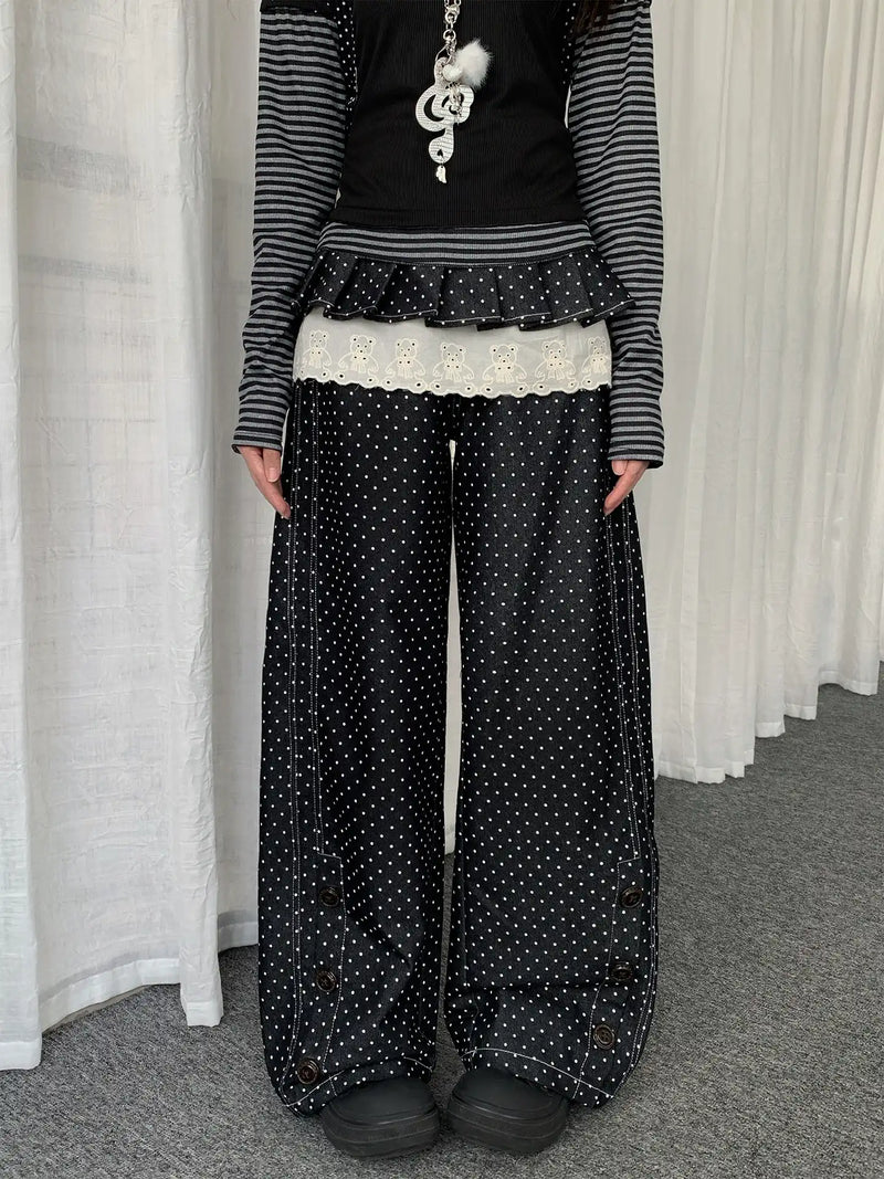 Polka Dot Detachable Skirt Denim Pants oliviroa オリヴィオラ