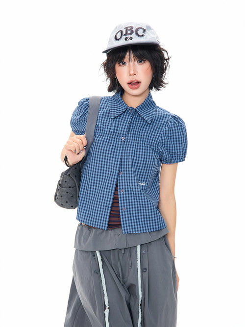 Blue Gingham Puff Sleeve Crop Shirt oliviroa オリヴィオラ