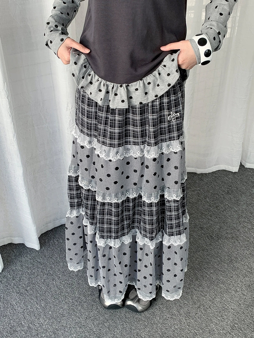 Lace Trim Polka Dot Tiered Midi Skirt OL2439