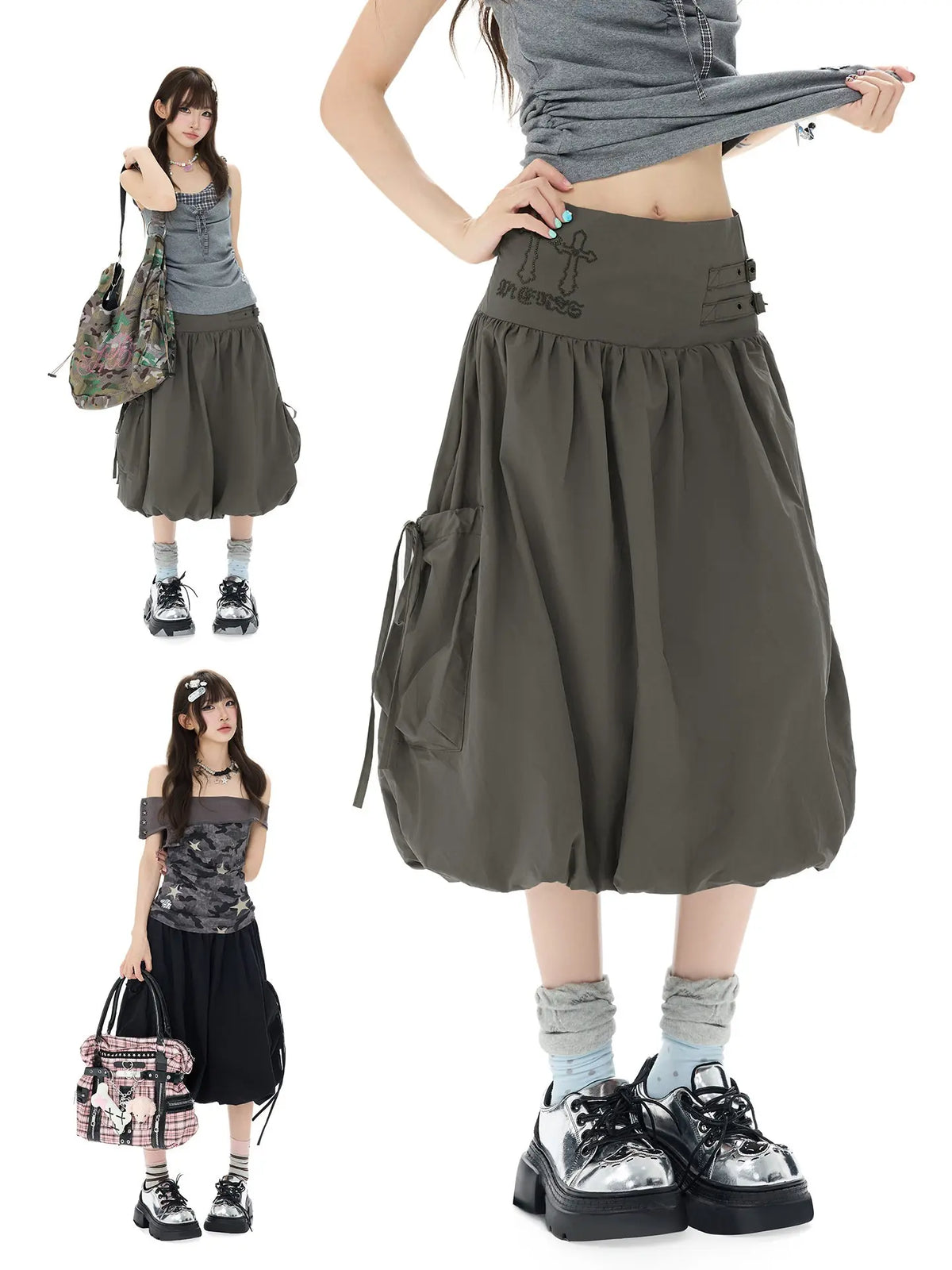 Studded Rhinestone Tie Bubble Skirt OL2410