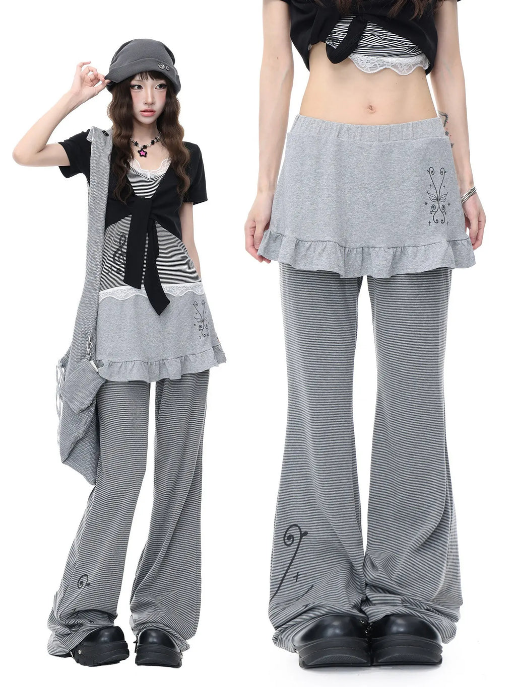 Layered Stripe Flare Pants oliviroa オリヴィオラ