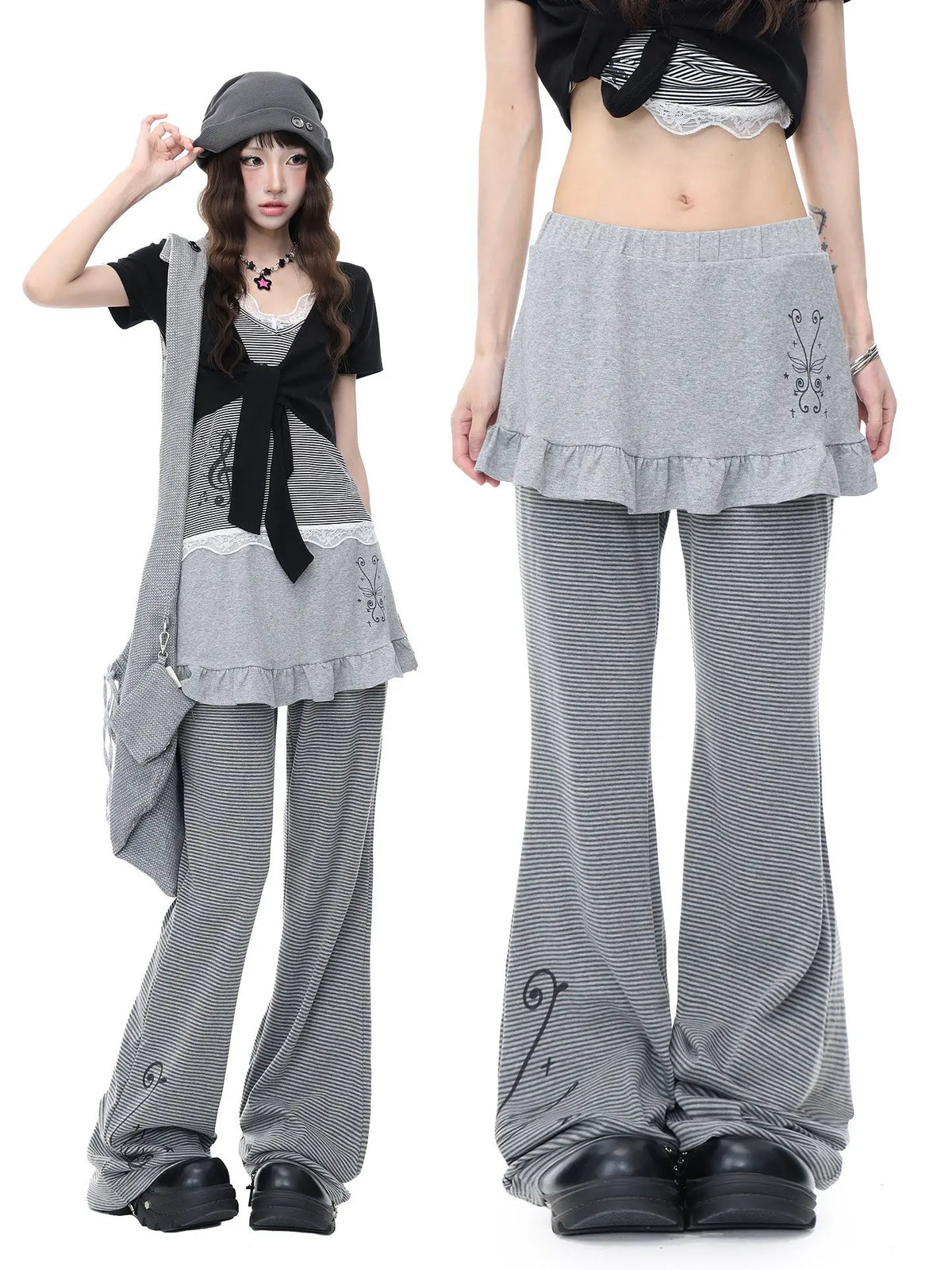Layered Stripe Flare Pants oliviroa オリヴィオラ