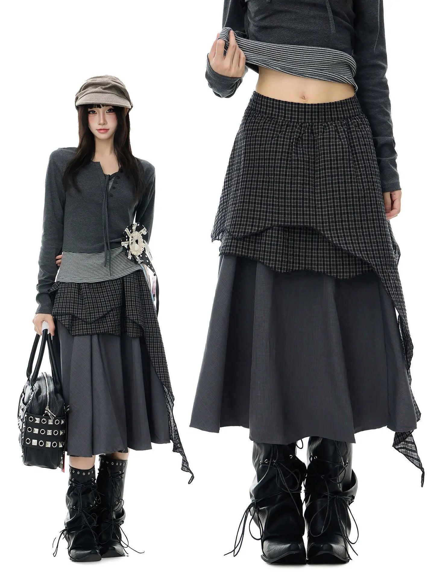 Asymmetric Plaid Layered Maxi Skirt OL2411