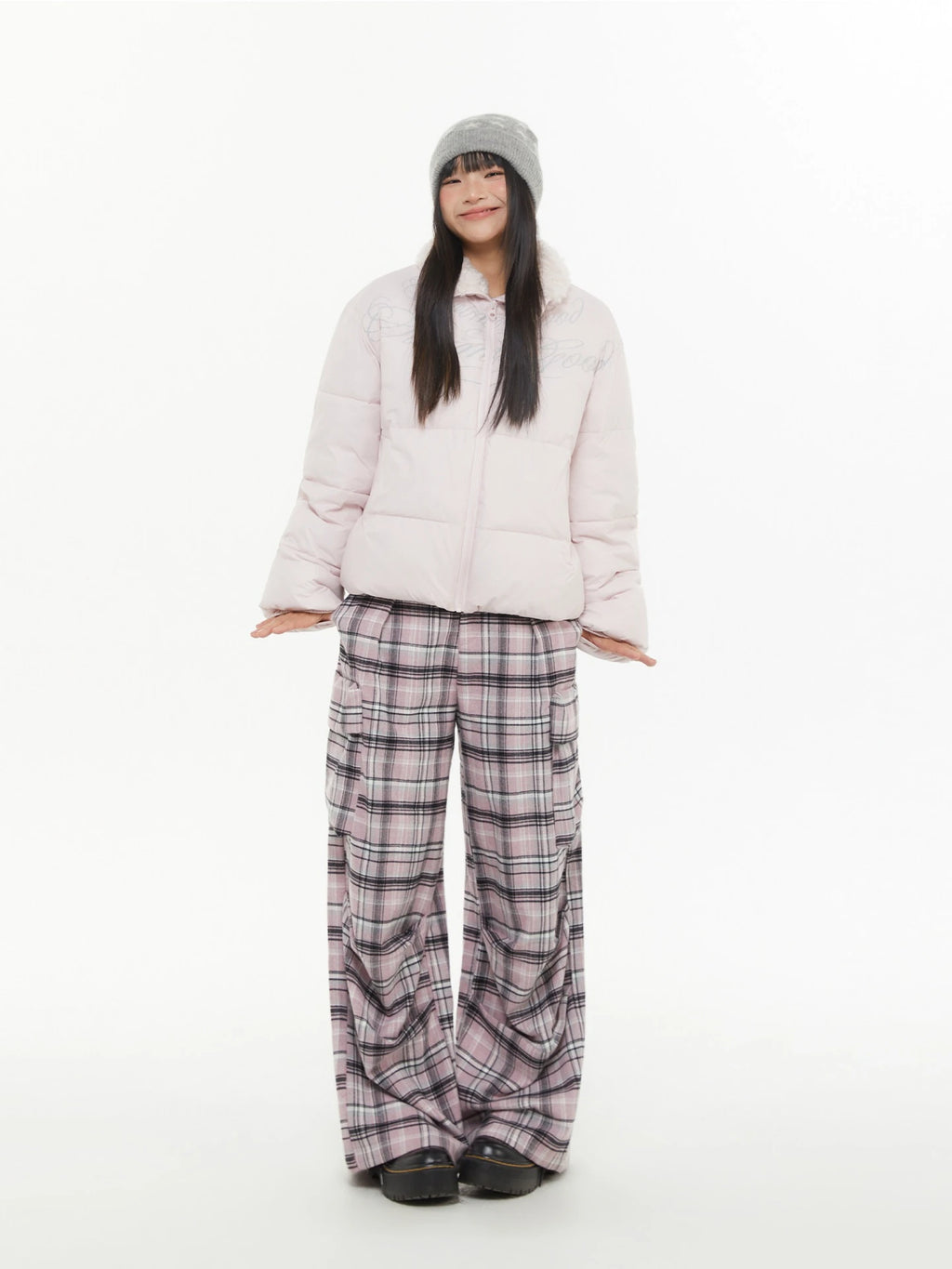 Pink Plaid Wide-Leg Cargo Pants OL2294