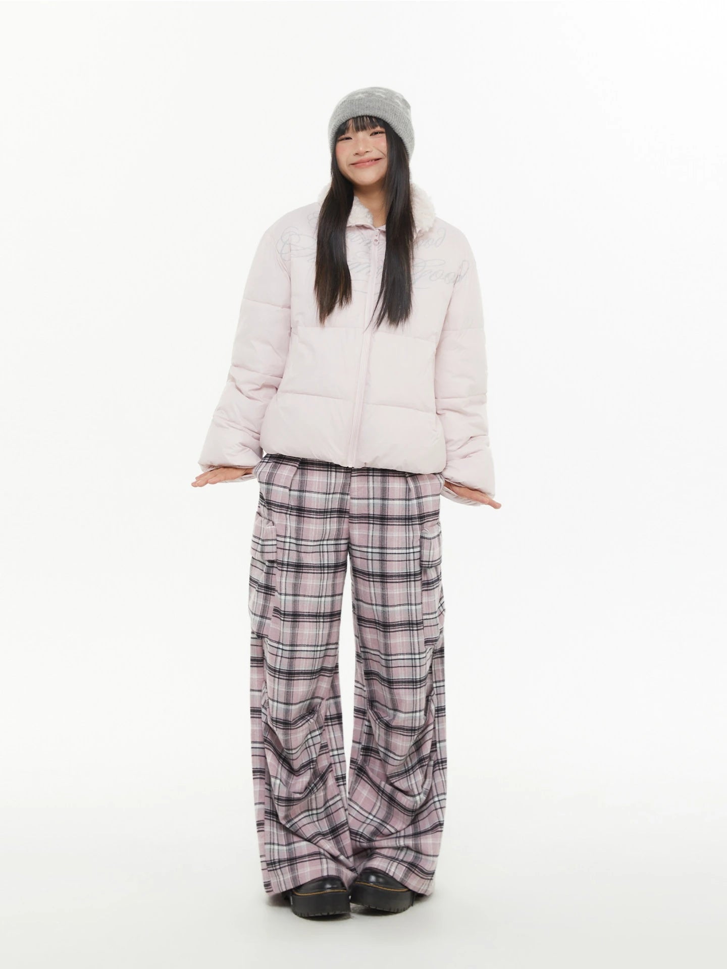 Pink Plaid Wide-Leg Cargo Pants OL2294