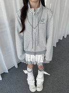 Y2K Striped Double Zip Stand Collar Hoodie   oliviroa オリヴィオラ