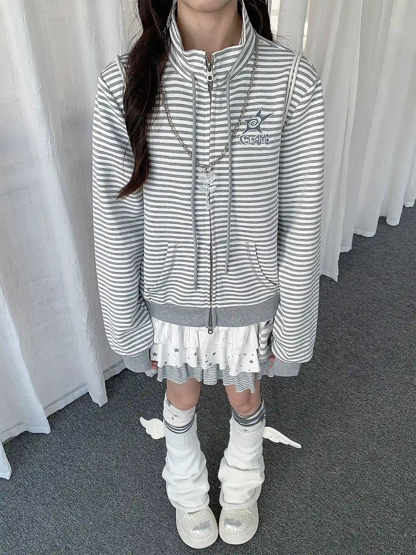 Y2K Striped Double Zip Stand Collar Hoodie   oliviroa オリヴィオラ