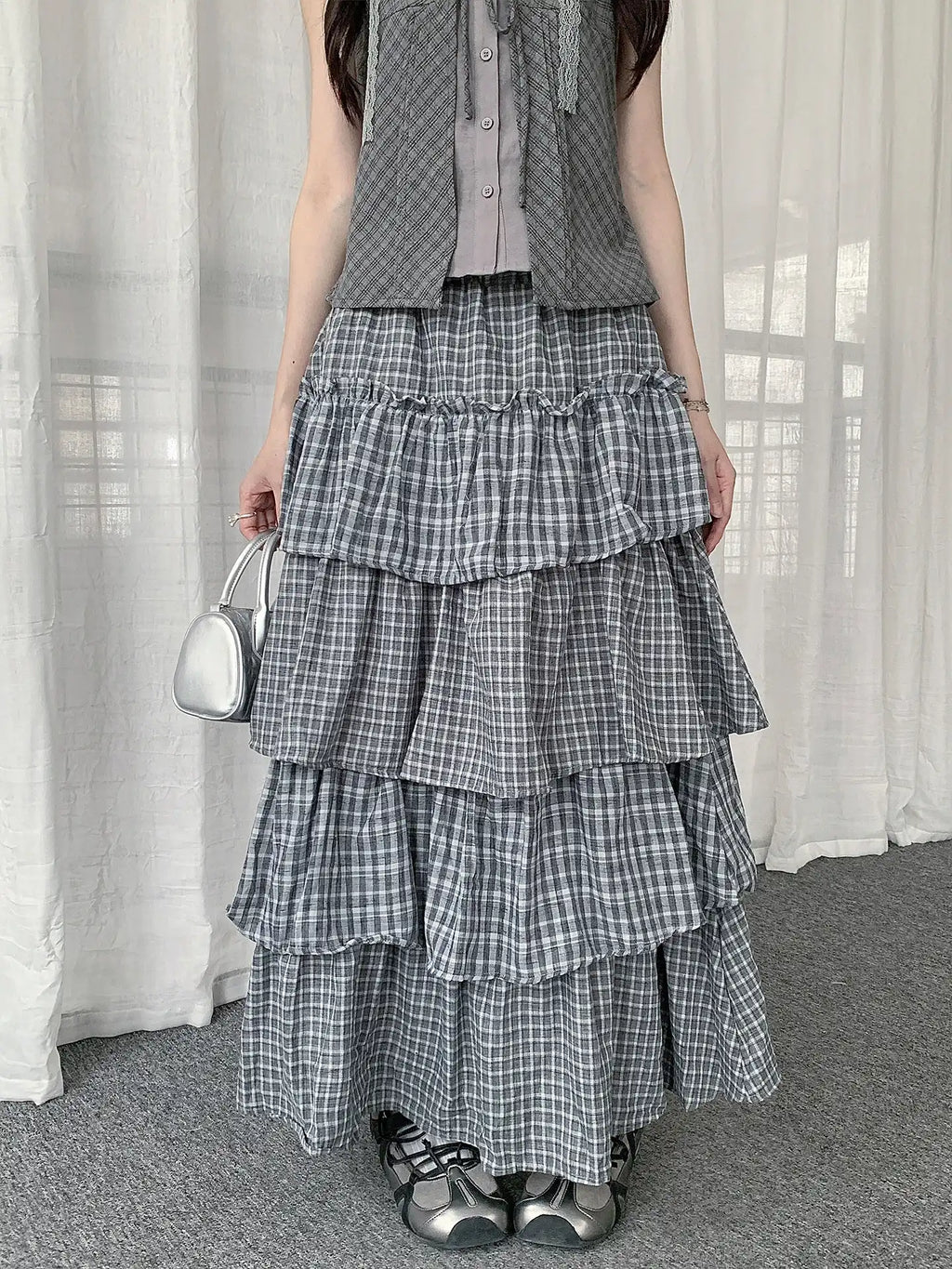 Layered Check Cake Skirt Dress  oliviroa オリヴィオラ