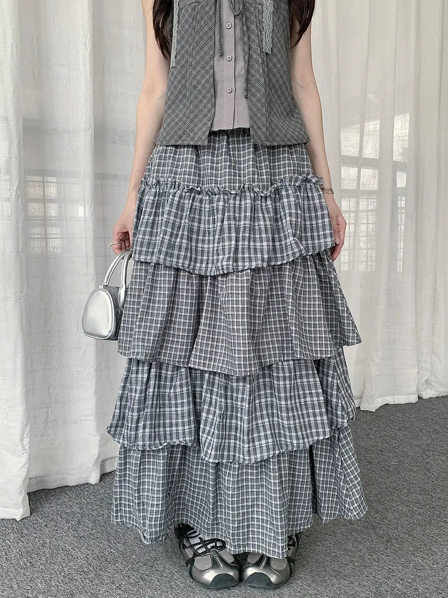 Layered Check Cake Skirt Dress  oliviroa オリヴィオラ