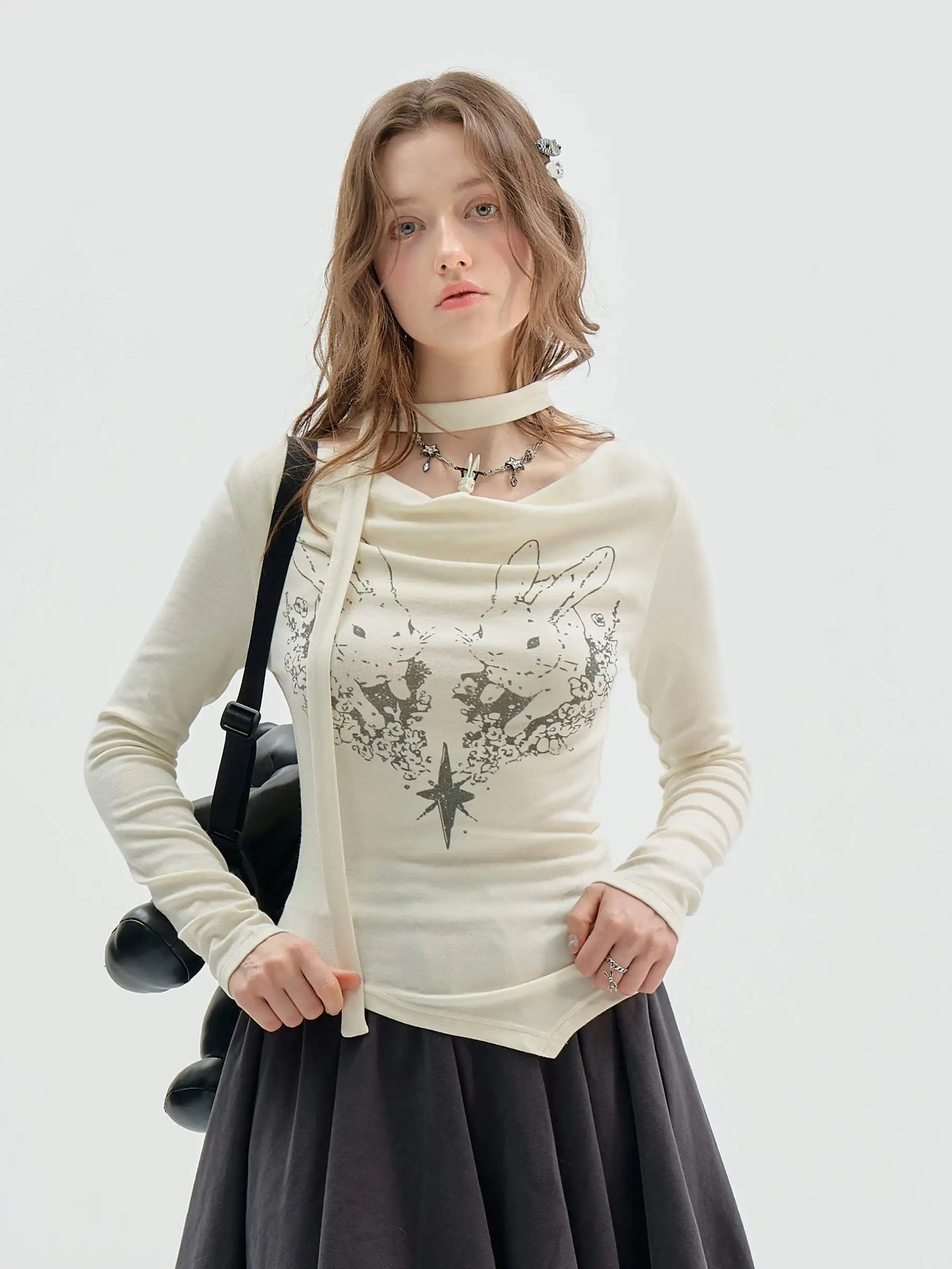 Rabbit Draped Neck Slim Fit Top oliviroa オリヴィオラ
