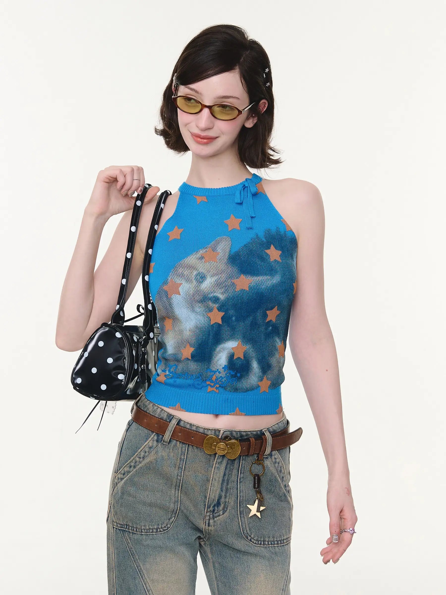 Bow Star Cat Graphic Slim Fit Tank Top oliviroa オリヴィオラ