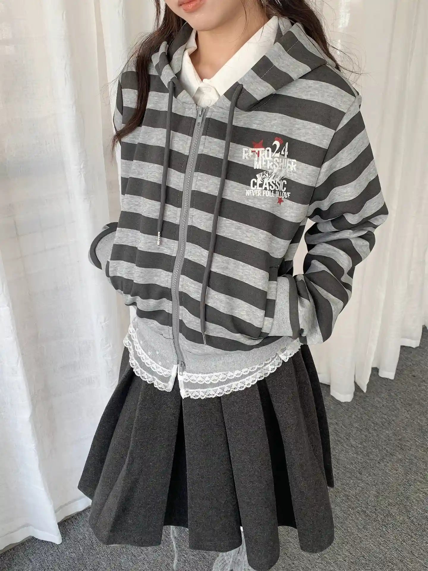 Vintage Y2K Striped Cropped Hoodie Jacket   oliviroa オリヴィオラ