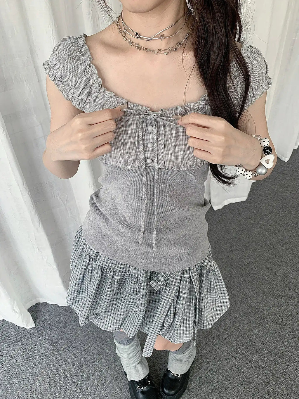 Plaid Patchwork Puff Sleeve Tank Top oliviroa オリヴィオラ
