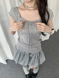 Plaid Patchwork Puff Sleeve Tank Top oliviroa オリヴィオラ