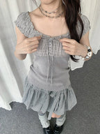 Plaid Patchwork Puff Sleeve Tank Top oliviroa オリヴィオラ