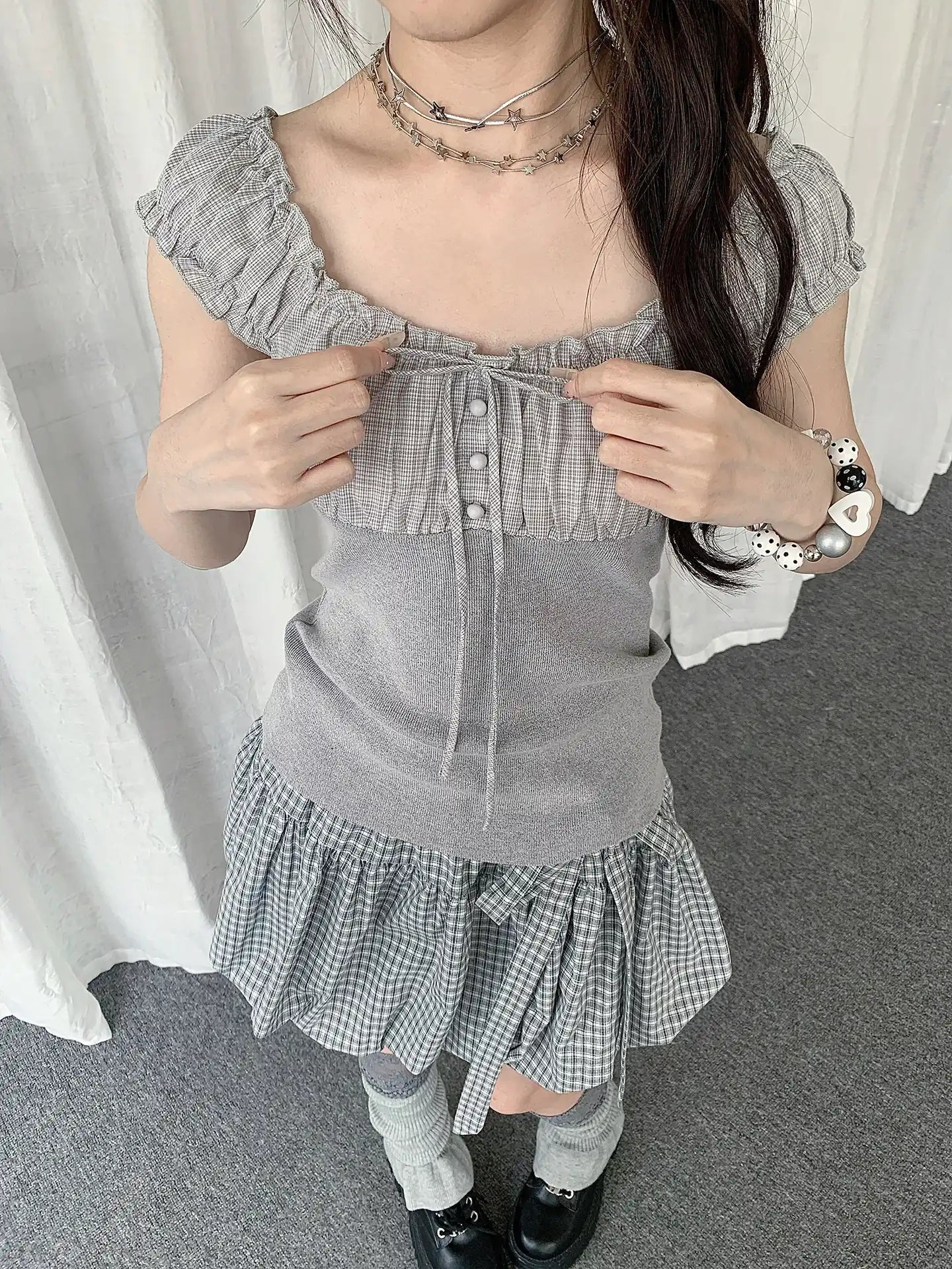 Plaid Patchwork Puff Sleeve Tank Top oliviroa オリヴィオラ
