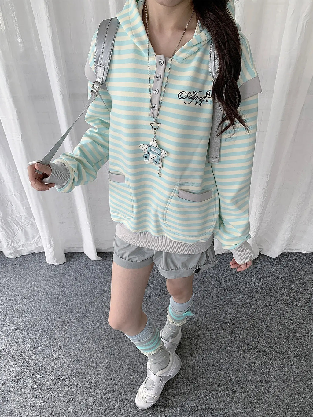 Striped Layered Half Zip Hoodie OL2434