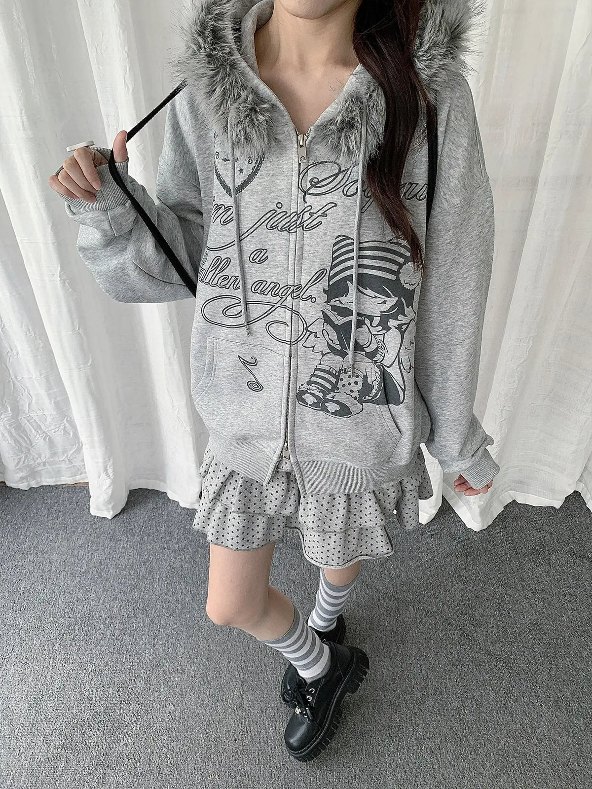 걸 그래픽 퍼 칼라 후드 가디건 OL2433