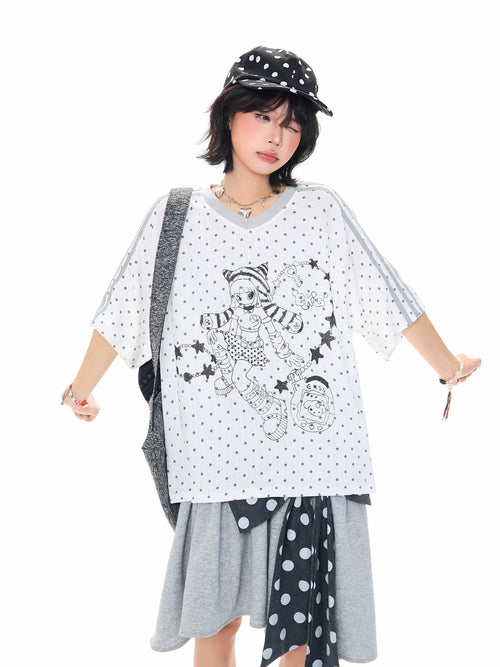 Cartoon Polka Dot V Neck Relaxed Tee OL2305