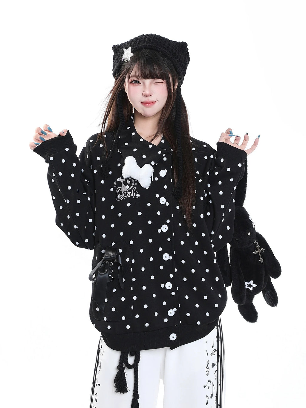 Polka Dot Bow Zip Up Hoodie OL2381
