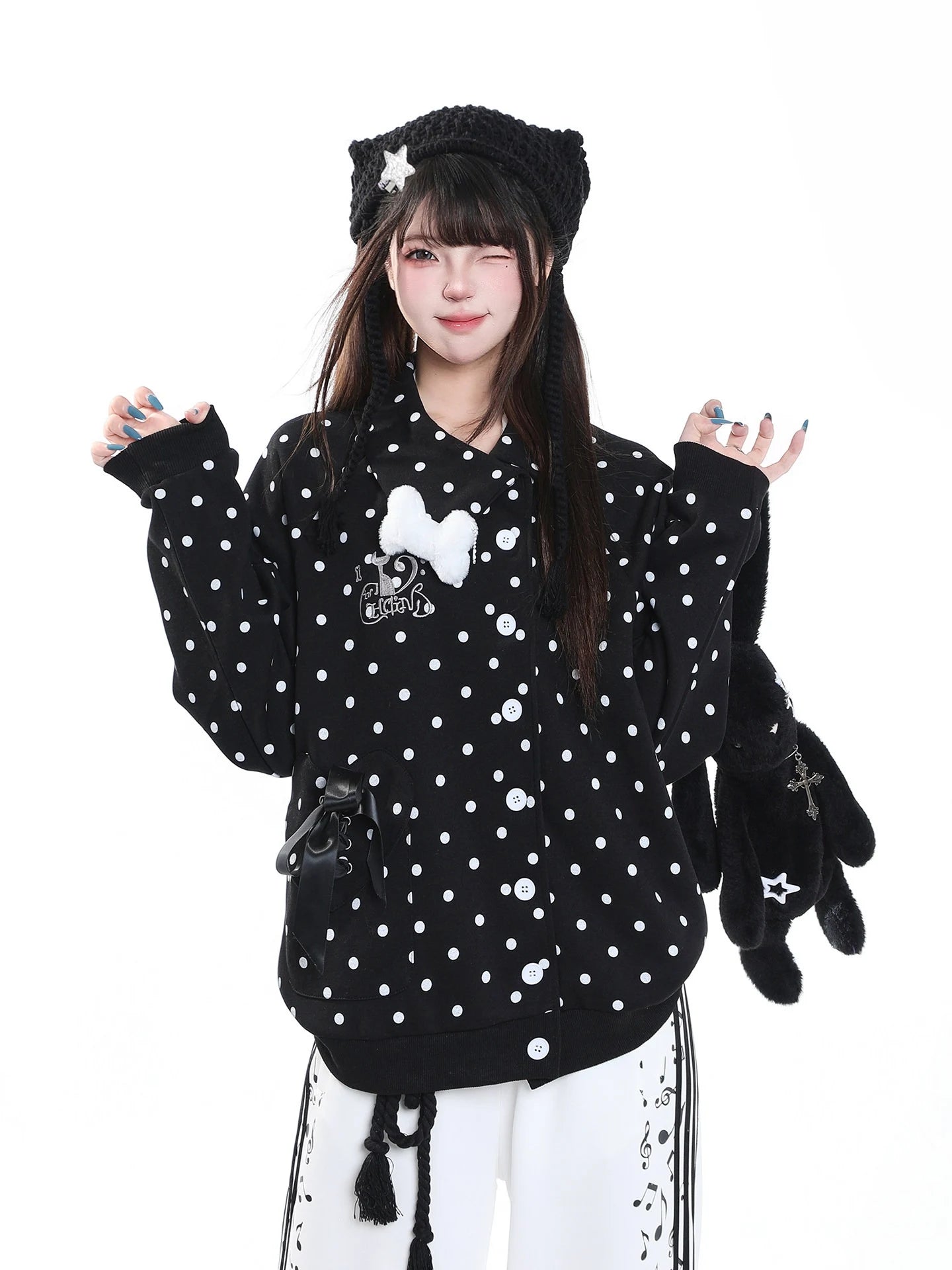 Polka Dot Bow Zip Up Hoodie OL2381