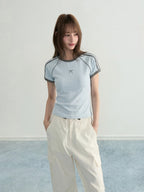 Blue Bow Stripe Raglan Cropped Fitted Sporty Tee OL2226