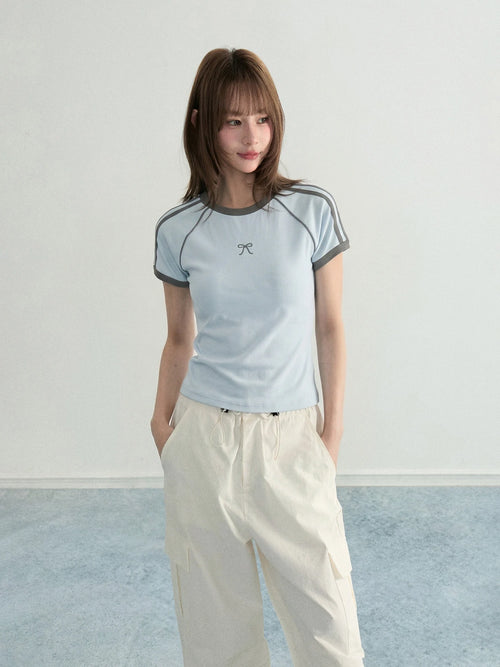Blue Bow Stripe Raglan Cropped Fitted Sporty Tee OL2226