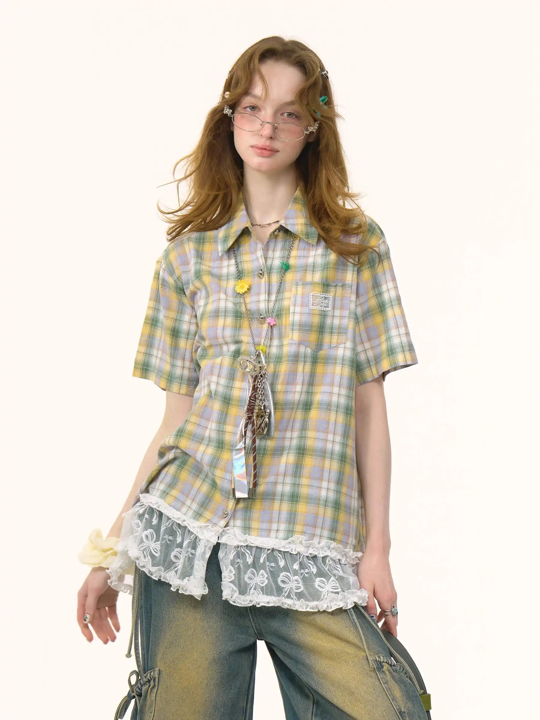 Plaid Lace Patchwork Short Sleeve Shirt oliviroa オリヴィオラ