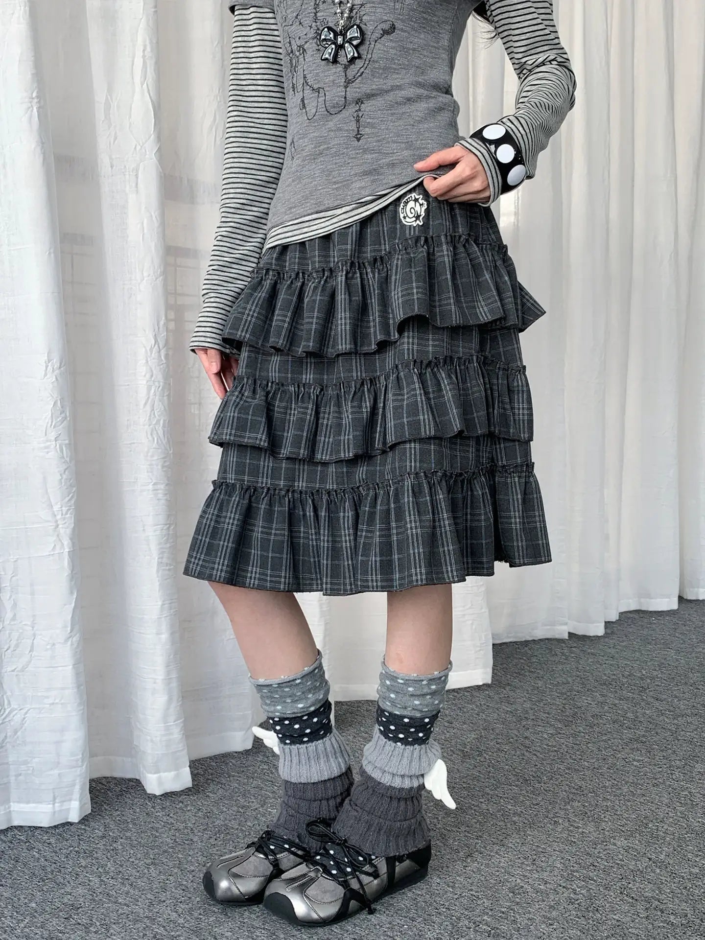 Retro Plaid Layered Ruffle Cake Mini Skirt Y2K oliviroa オリヴィオラ