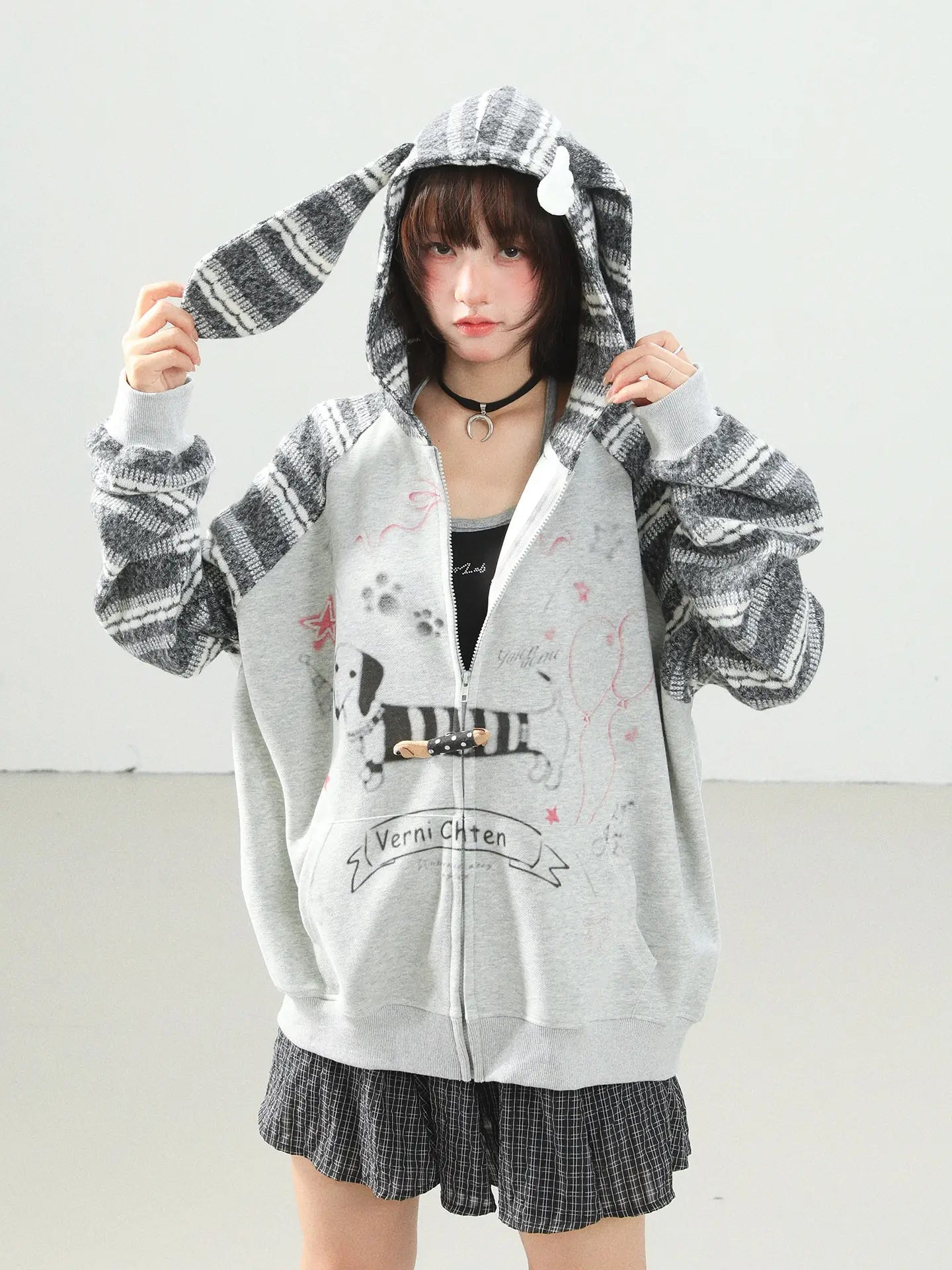 Vintage Dachshund Print Bunny Ear Hoodie Cardigan   OL2230