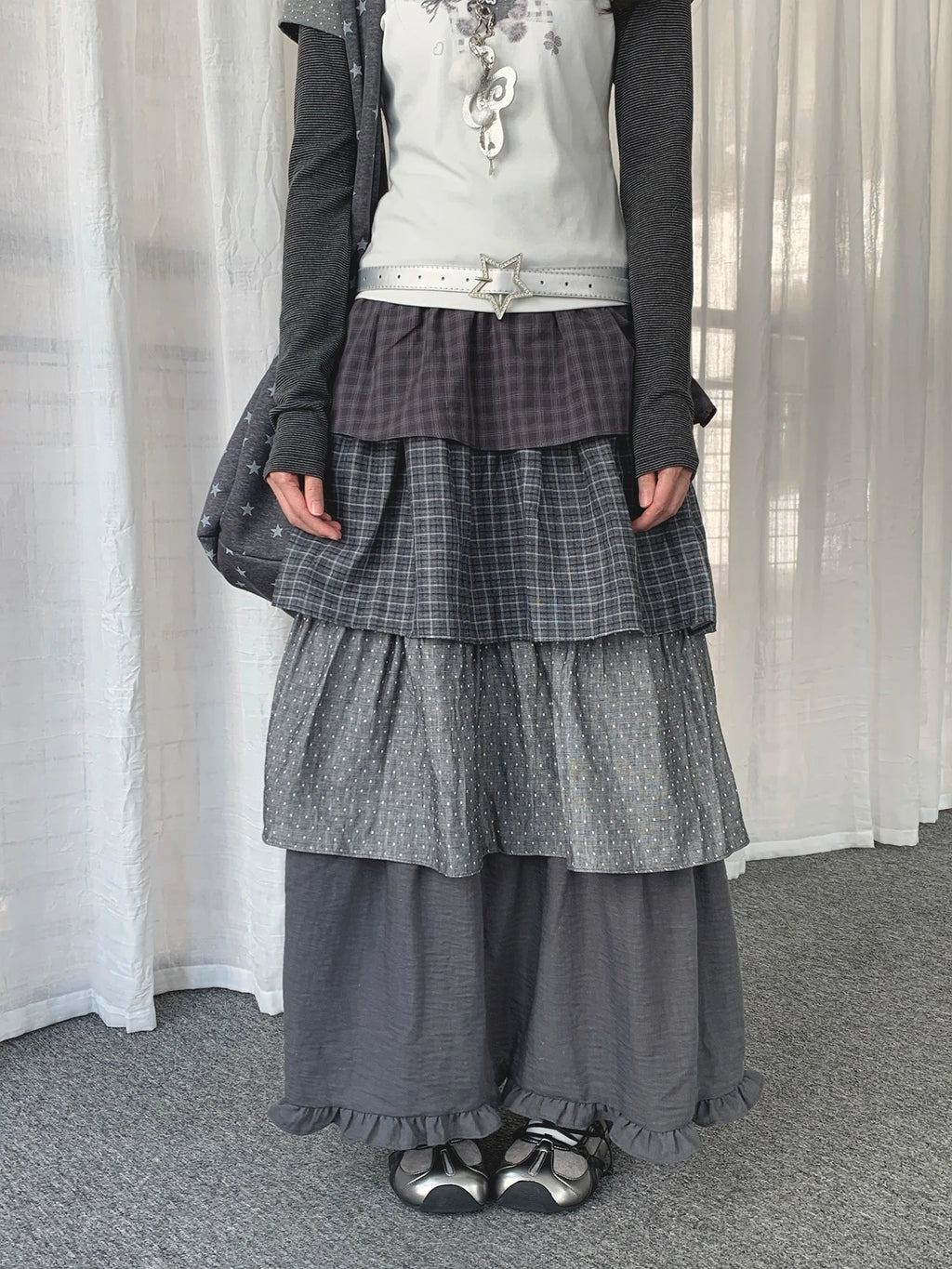 Polka Dot Plaid Tiered Maxi Skirt oliviroa オリヴィオラ