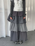 Polka Dot Plaid Tiered Maxi Skirt oliviroa オリヴィオラ