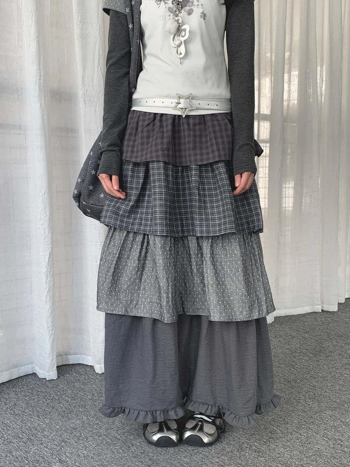 Polka Dot Plaid Tiered Maxi Skirt oliviroa オリヴィオラ