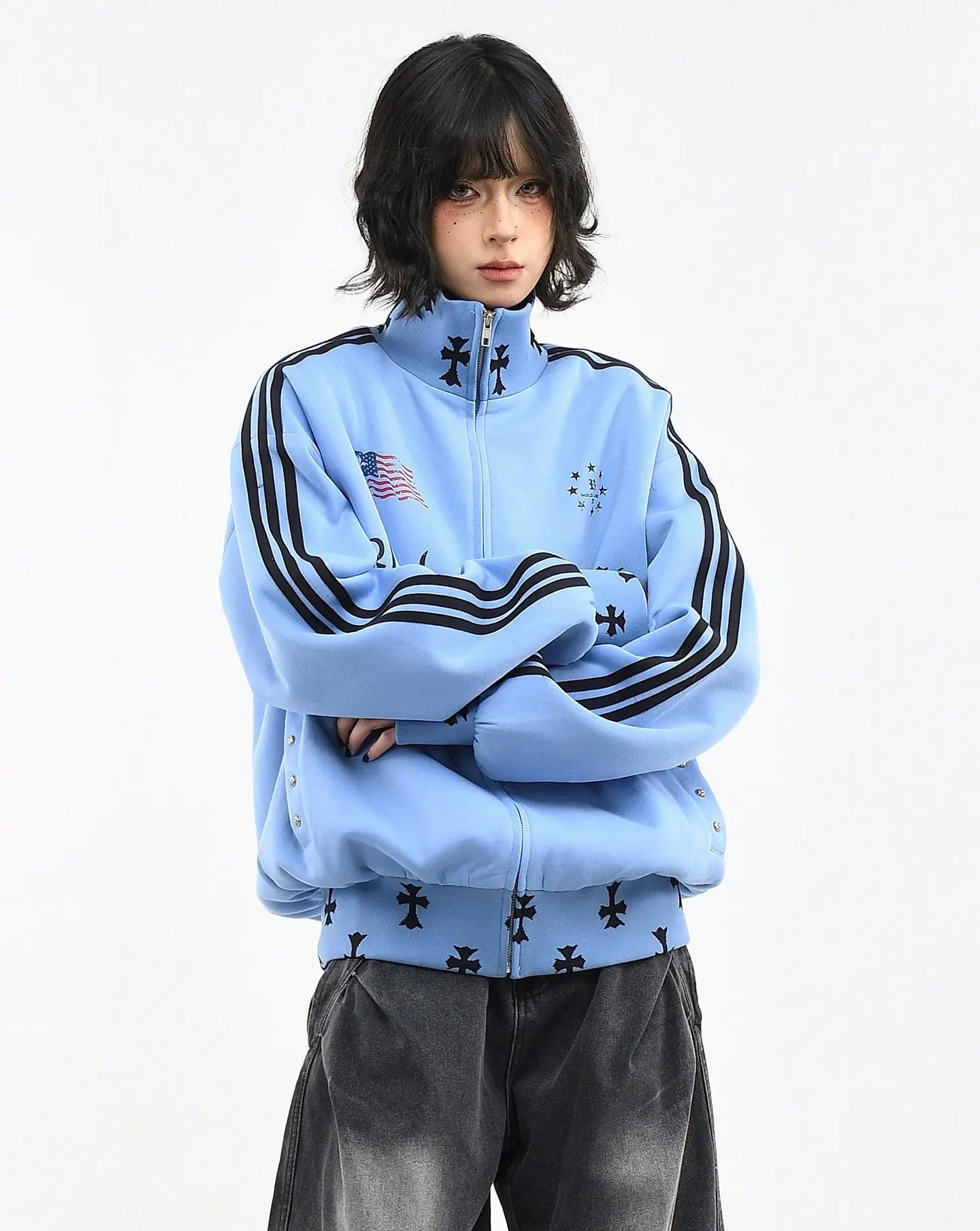 Vintage Three Stripe Stand Collar Zip Hoodie   oliviroa オリヴィオラ