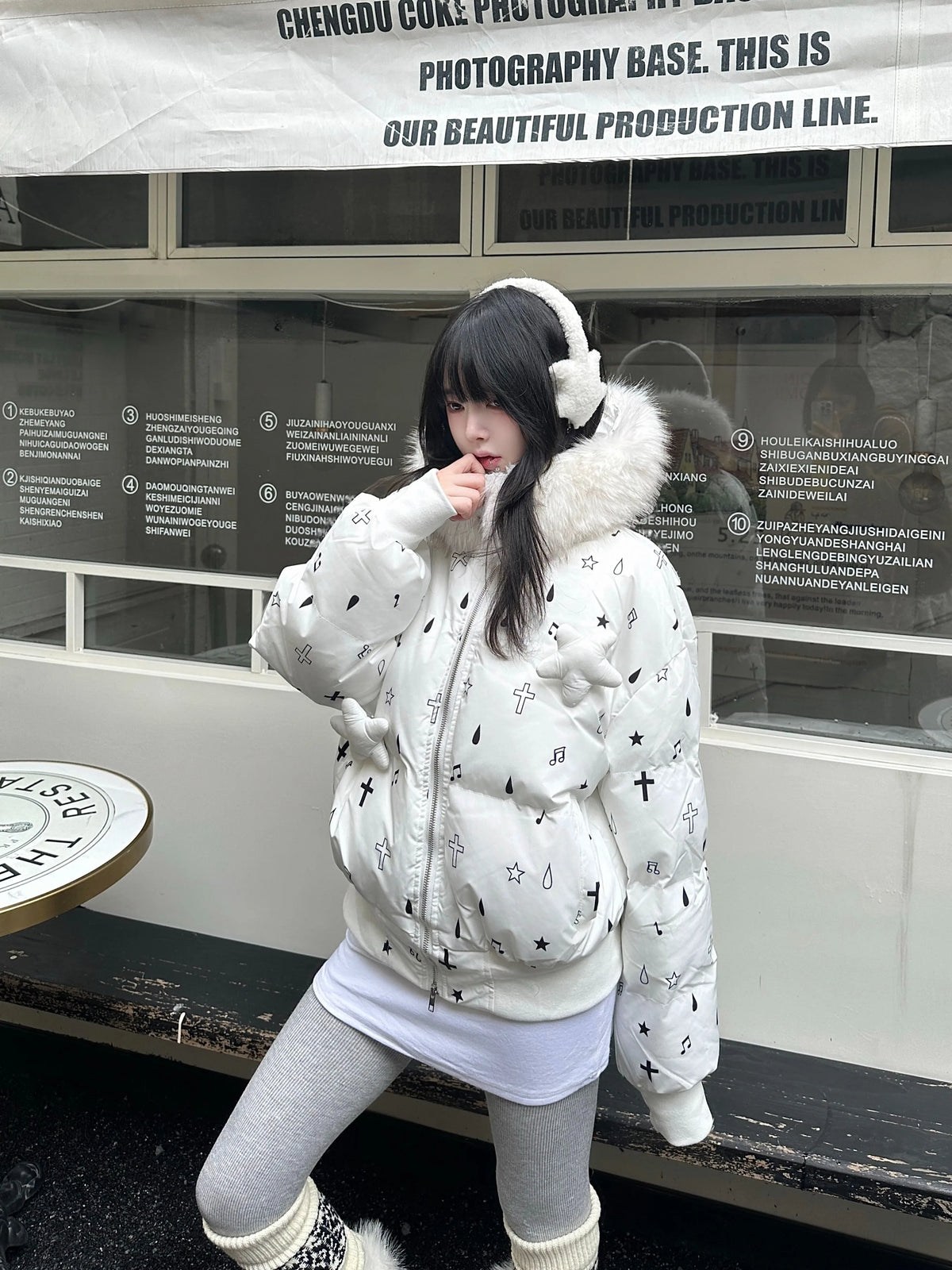 Star Embossed Detachable Fur Collar Puffer oliviroa オリヴィオラ