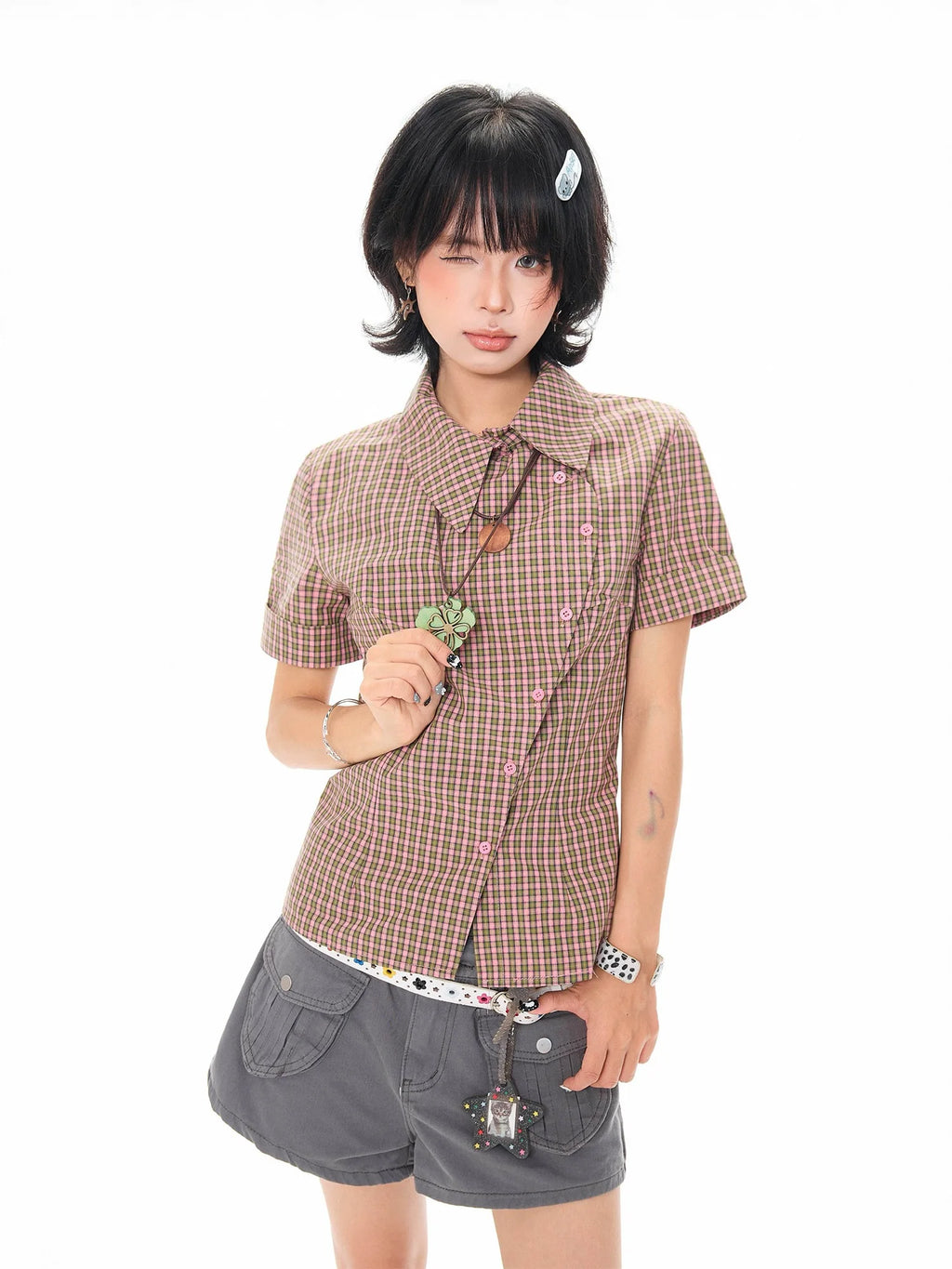 Vintage Plaid Asymmetrical Slim Fit Crop Shirt OL2322