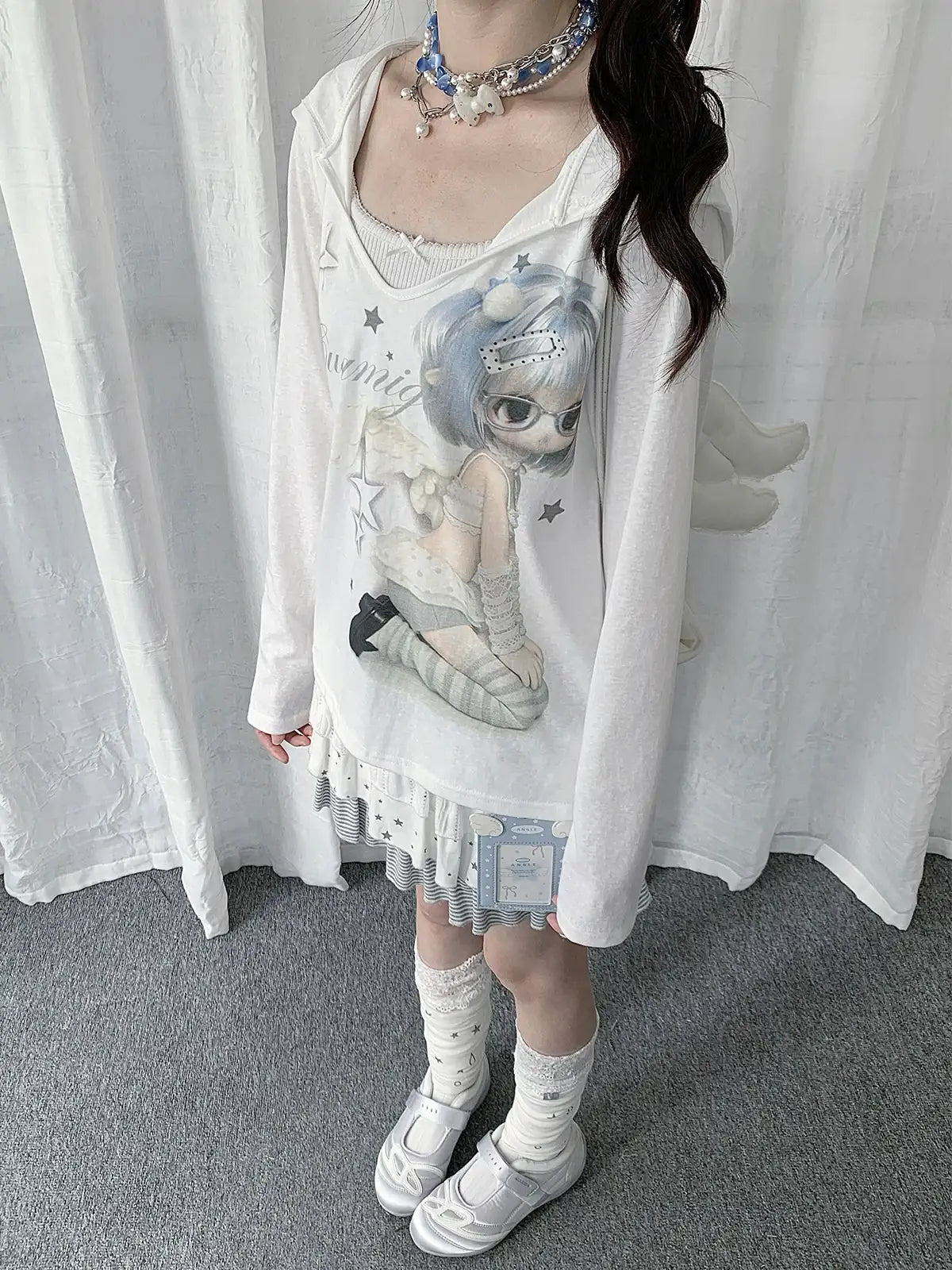 Semi Sheer Cartoon Hooded Long Sleeve Tee oliviroa オリヴィオラ