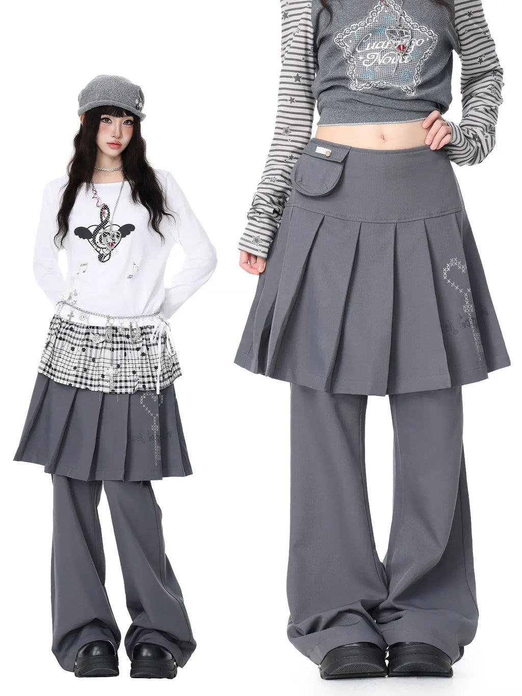 Pleated Skirt Layered Flare Pants OL2412