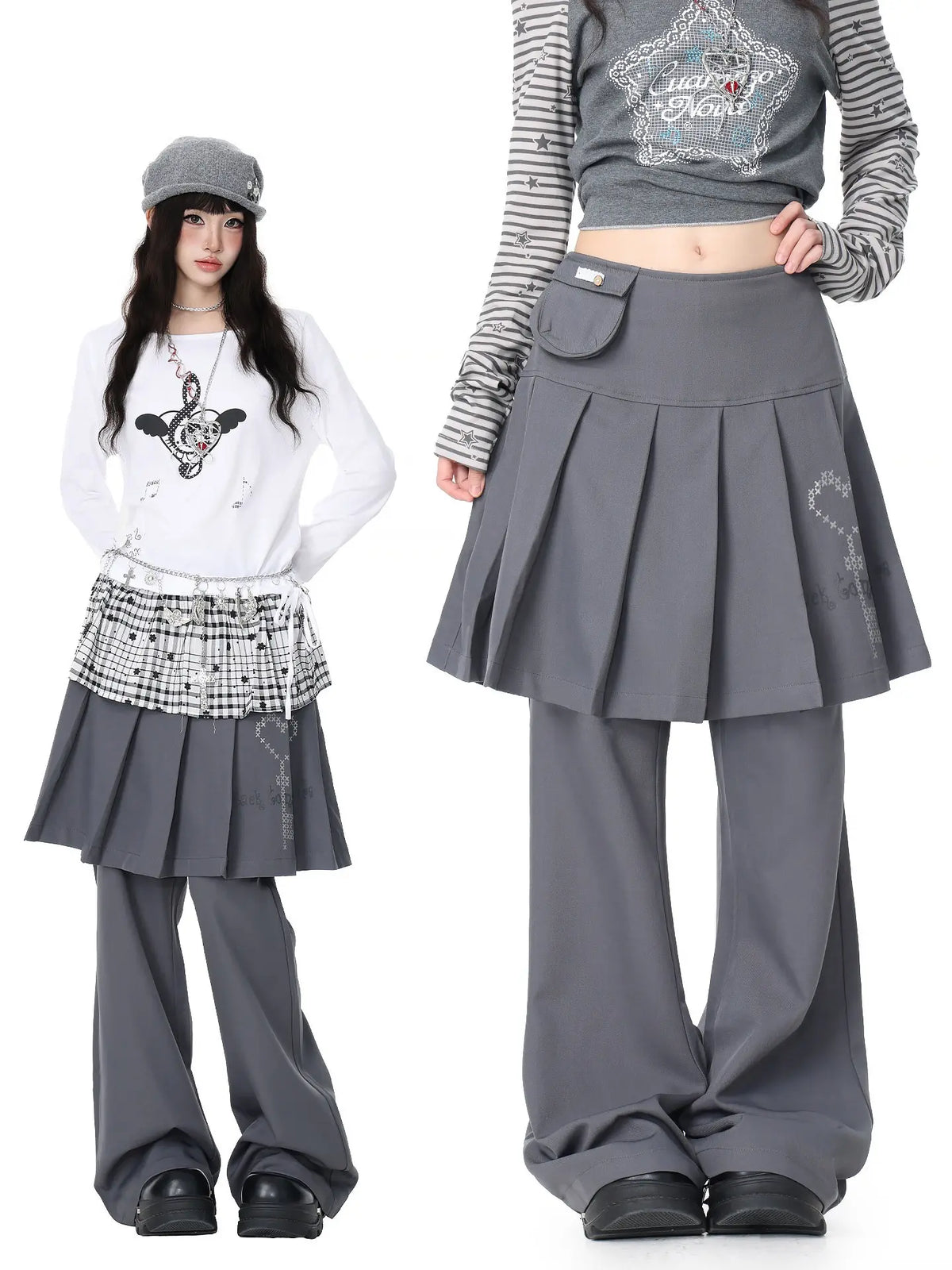 Pleated Skirt Layered Flare Pants OL2412