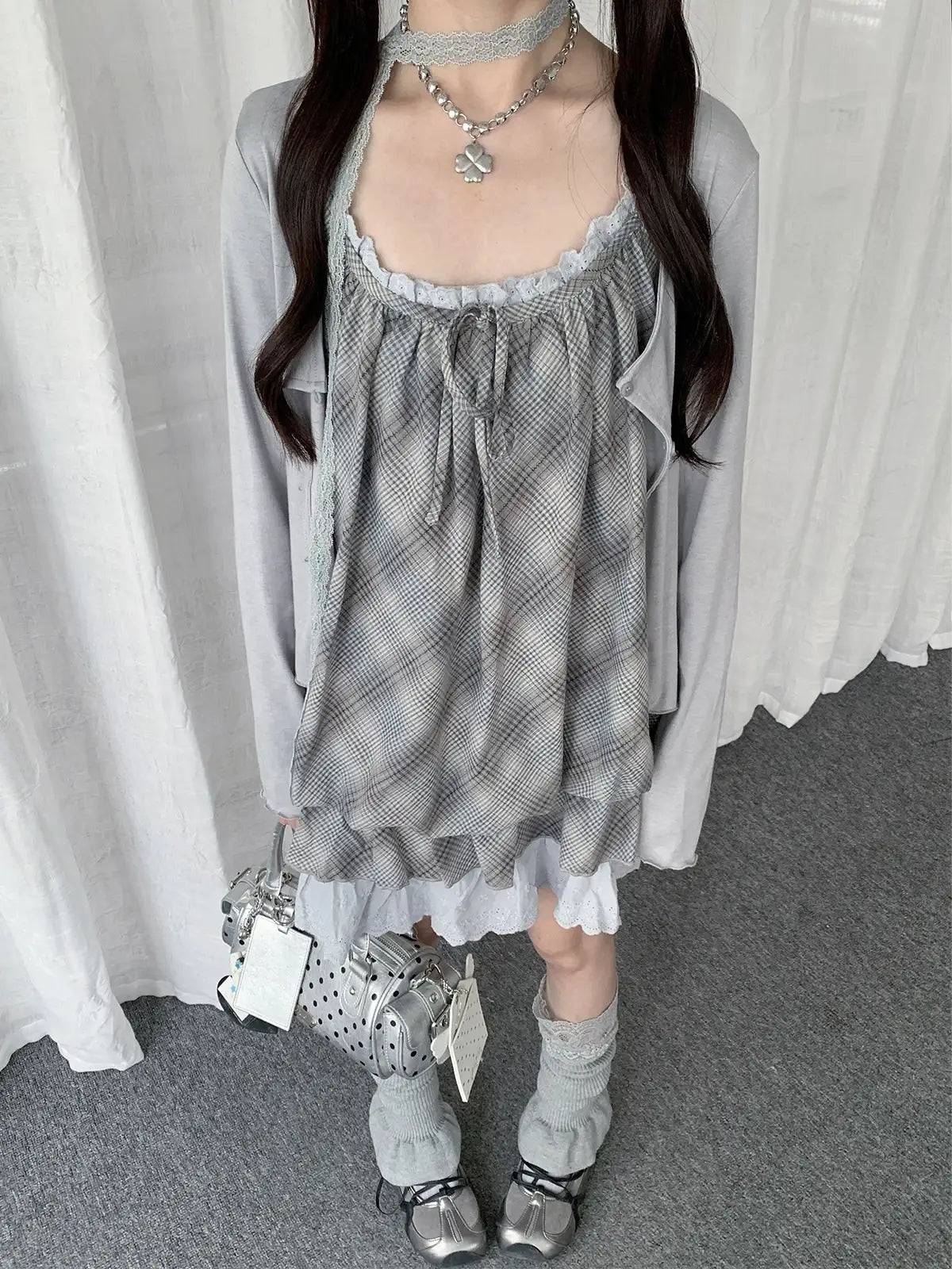 Gingham Lace Frill Cami Dress Y2K oliviroa オリヴィオラ