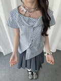 Irregular Collar Check Short Sleeve Blouse OL2290