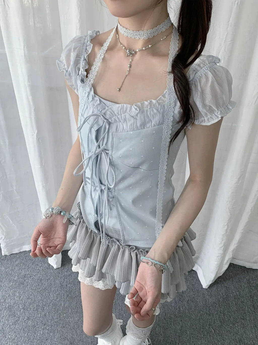 Sweet Faux Layered Puff Sleeve Tee oliviroa オリヴィオラ